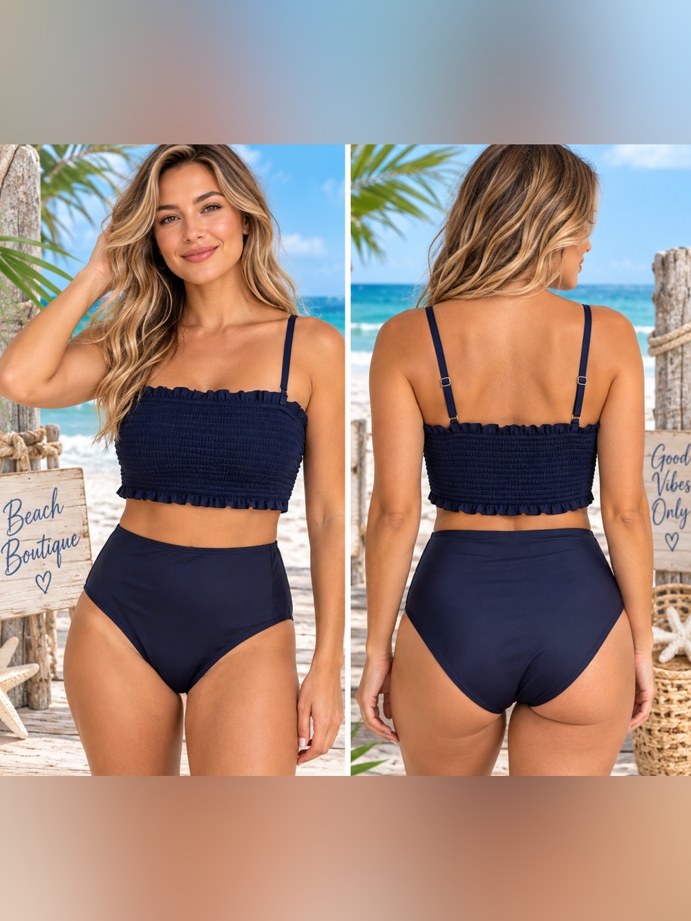 NWT - YONIQUE Navy High Waist Bandeau Bikini Swimsuit Medium